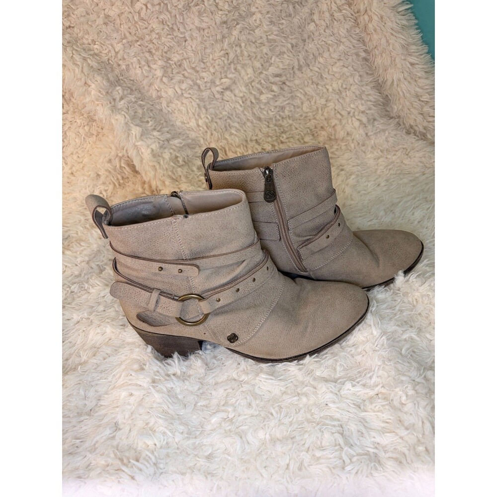 Daisy Fuentes Taupe Slouchy Ankle Boots Buckle Strap Studded Harness Block Heel
